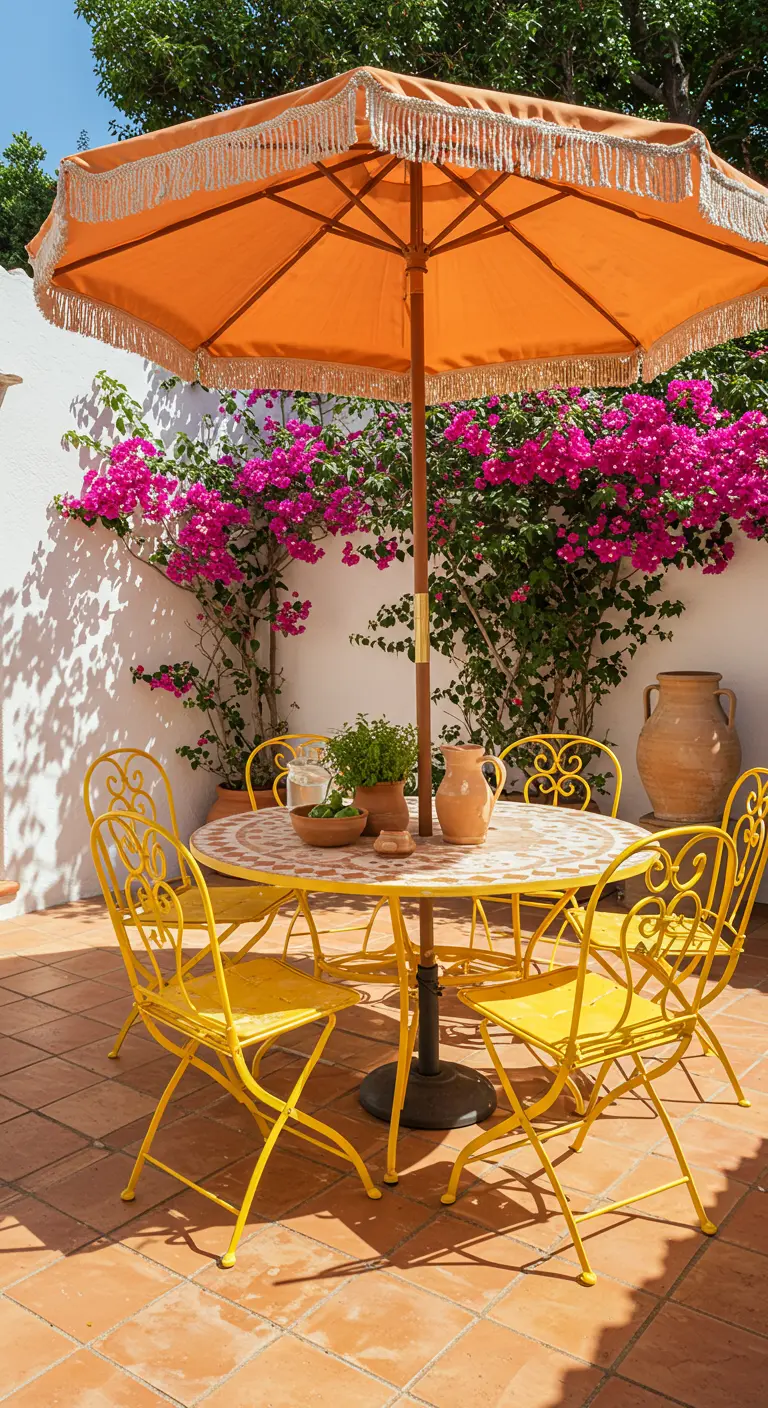 Ensemble repas jaune et orange avec parasol à franges et bougainvilliers sur une terrasse méditerranéenne.