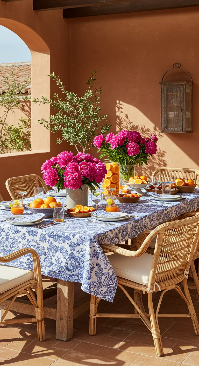 Table méditerranéenne sur terrasse, nappe bleue à motifs, pivoines fuchsia, oranges et chaises en rotin.