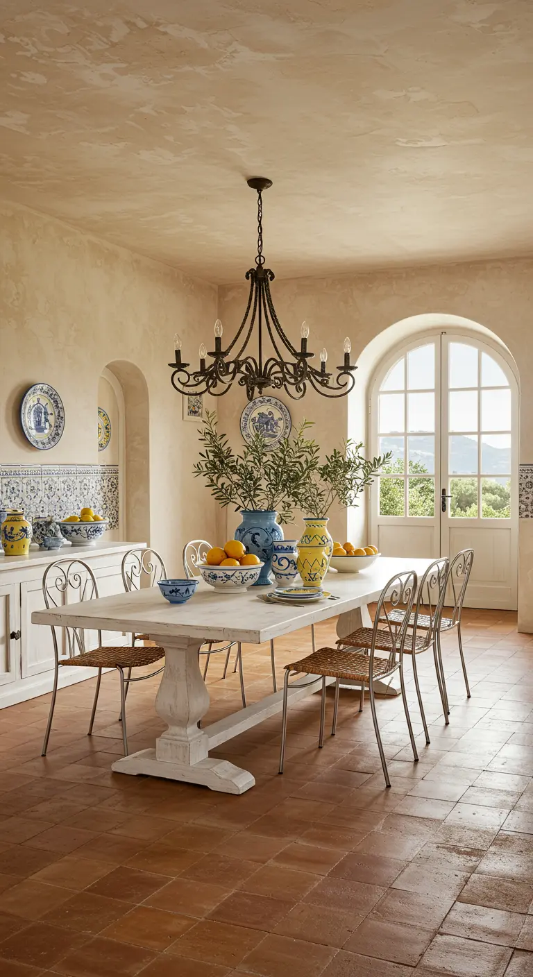 Salle à manger méditerranéenne avec sol en terre cuite, table blanche et céramiques bleues et jaunes.
