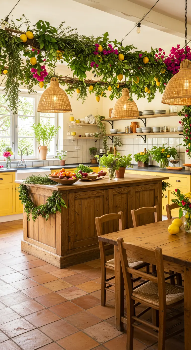 Cuisine rustique avec guirlandes de feuillage, citrons et fleurs roses suspendues au plafond.