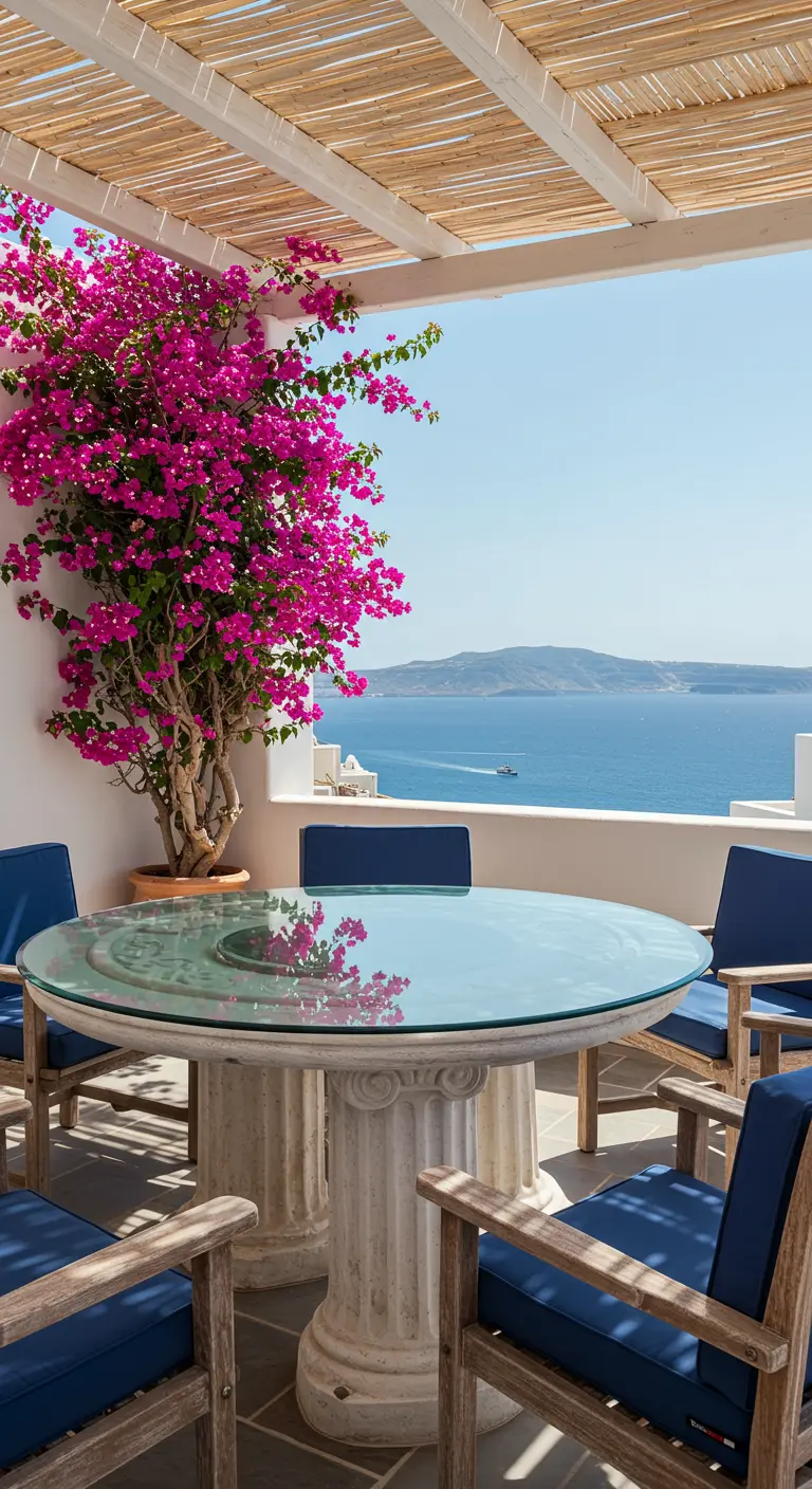 Table ronde en verre avec pied en colonne blanche, vue sur la mer.