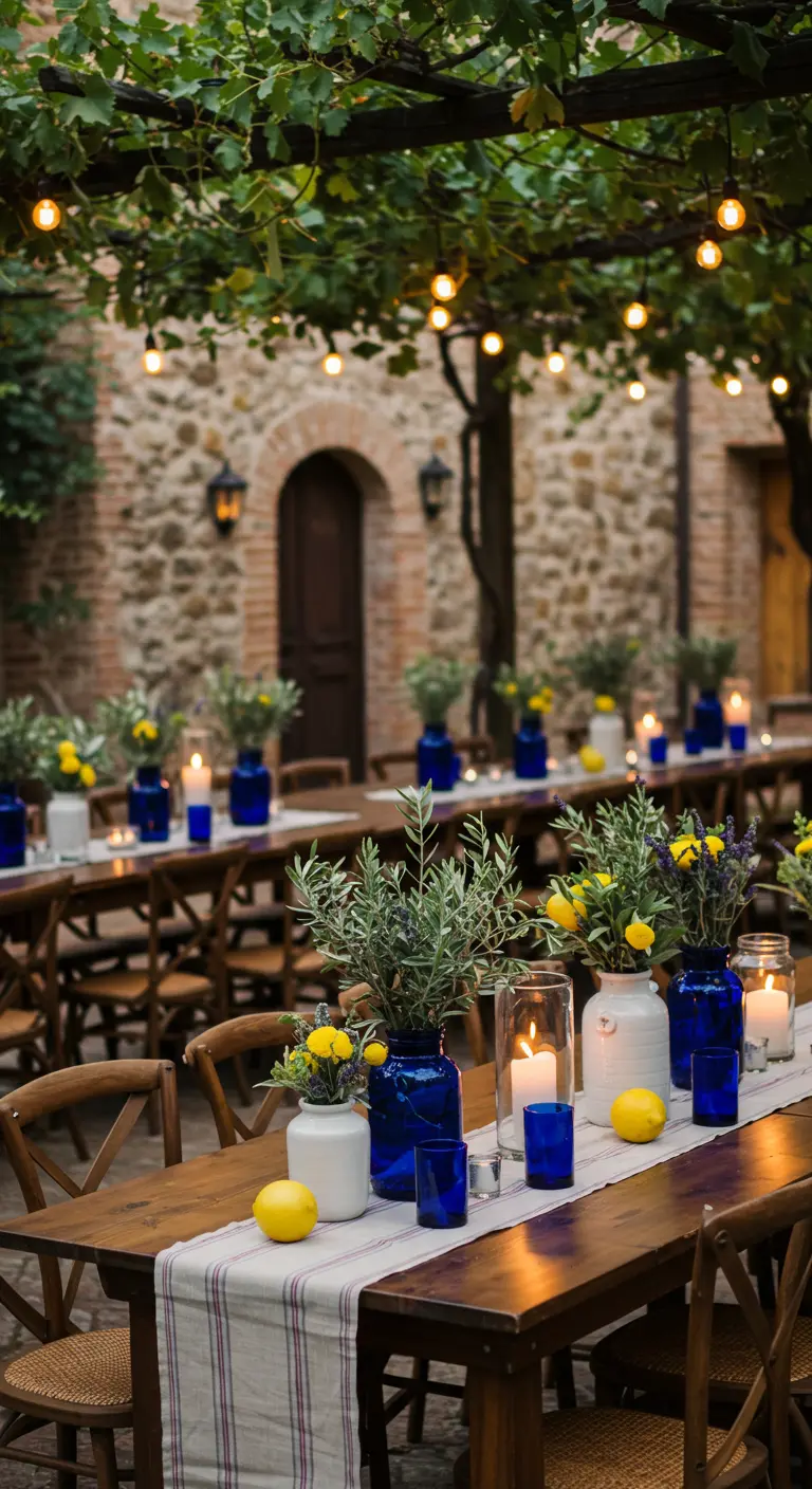 Longues tables en bois sous une pergola, décorées de vases bleus, d'oliviers, de citrons et de bougies.