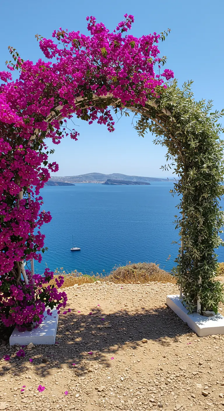 Arche recouverte de bougainvilliers fuchsia vifs surplombant la mer Méditerranée.