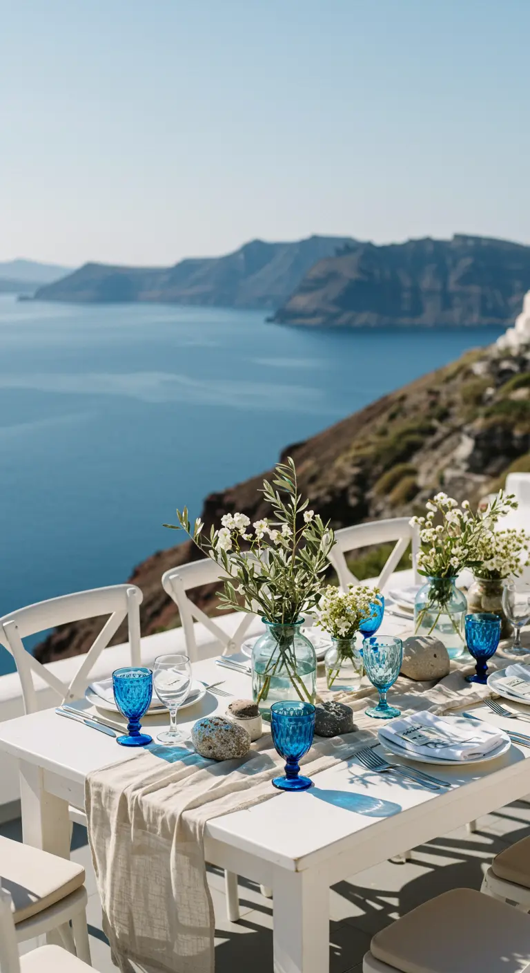 Table blanche face à la mer avec des vases de branches d'olivier et des verres bleus.
