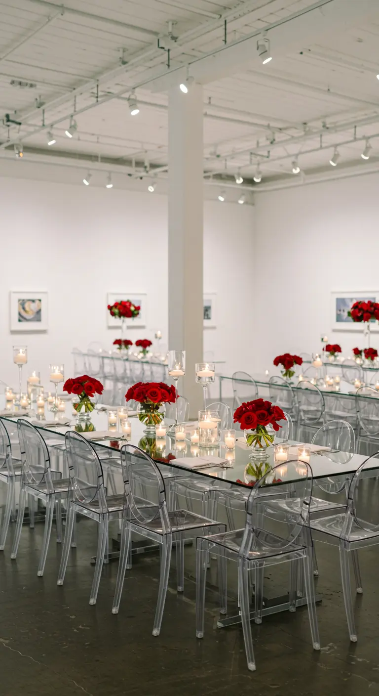 Table miroir moderne avec des bouquets de roses rouges et des chaises transparentes.