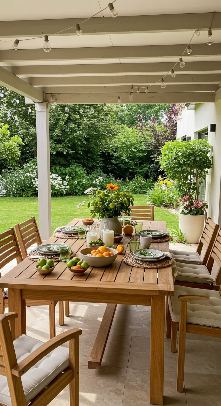 Table de repas en bois en extérieur avec bols de fruits frais et sets de table tressés.