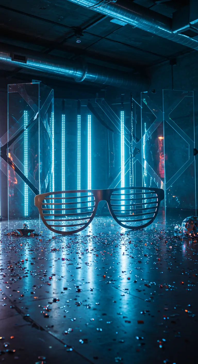 Photobooth néon futuriste avec lumières bleues intenses, structures en plexiglas et lunettes géantes.