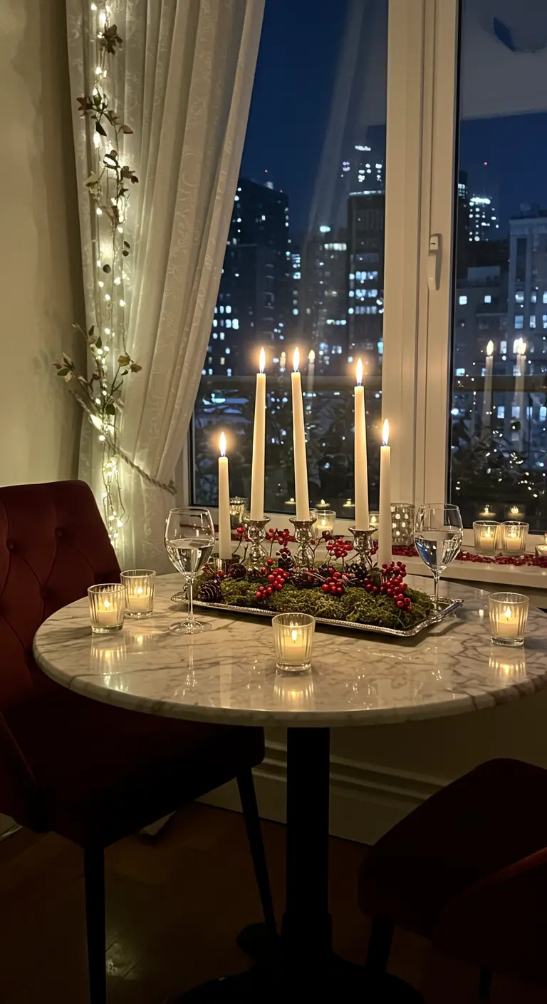 Centre de table romantique avec mousse, bougies hautes et baies sur une table en marbre, vue urbaine nocturne.