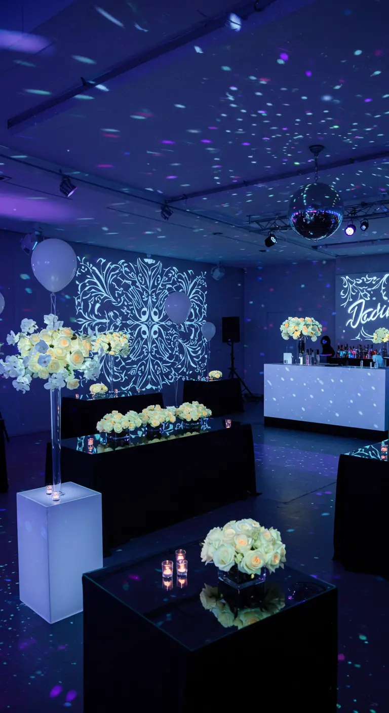 Salle de fête élégante en blanc et bleu, avec des projections de lumière, des bouquets de roses blanches et des meubles lumineux.