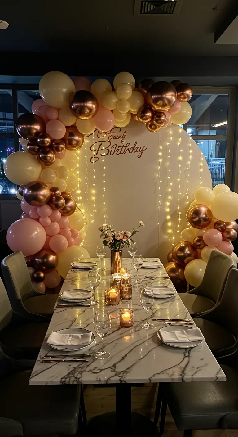 Arche de ballons rose gold et pêche avec des guirlandes lumineuses.