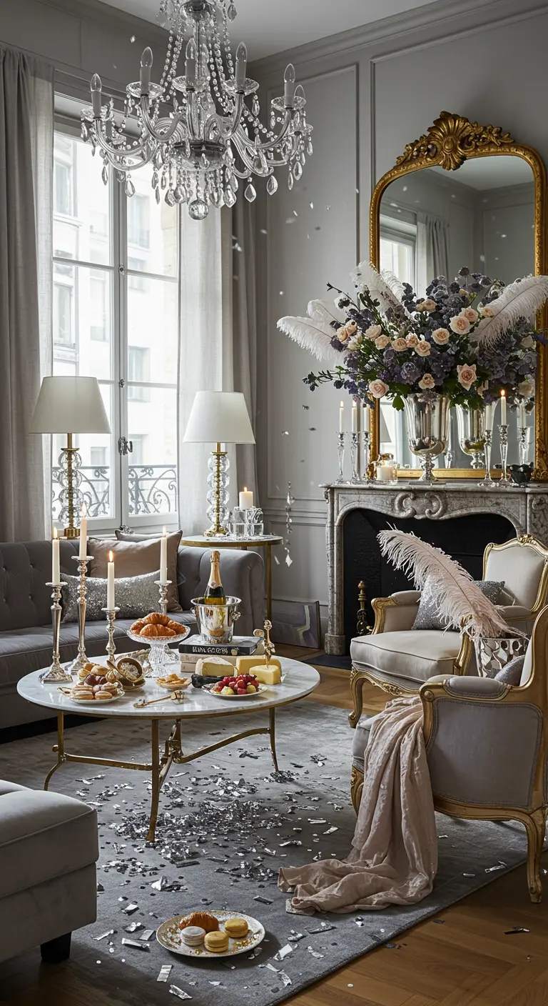 Un salon parisien chic avec des lustres en cristal, des confettis argentés au sol et une table basse décorée.