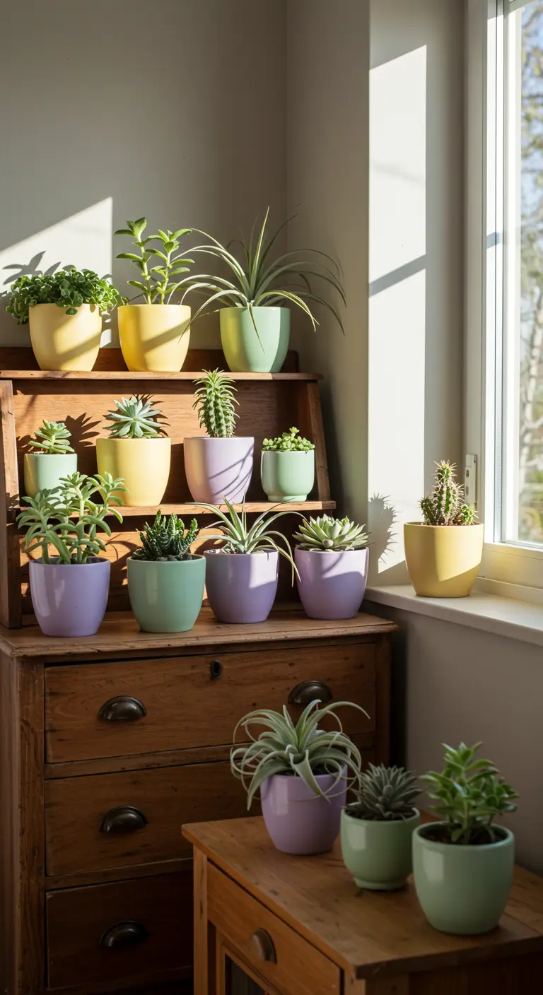 Collection de succulentes et de cactus dans des pots pastel sur une étagère en bois