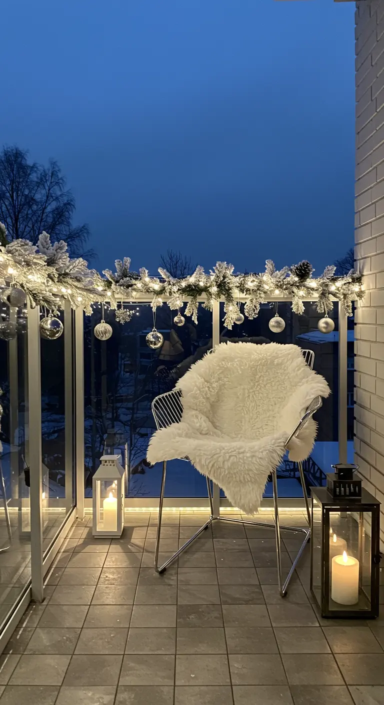 Balcon moderne en hiver avec une décoration argentée et une peau de mouton.
