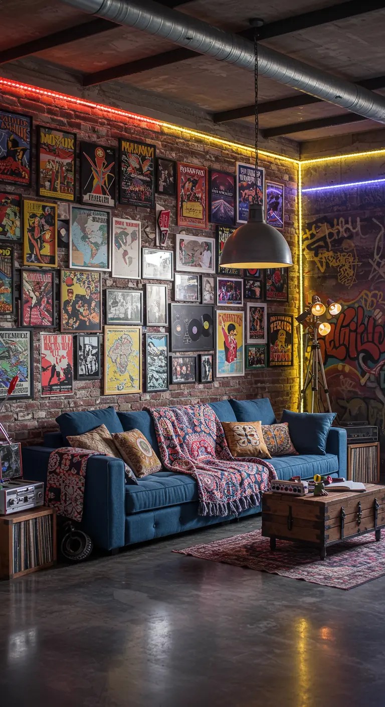Salon vibrant avec un mur de cadres pop art et street art, canapé bleu, lumières néon.