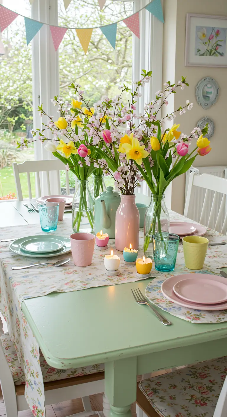 Table de printemps avec des bouquets de fleurs pastel, vaisselle colorée et bougies, ambiance joyeuse.
