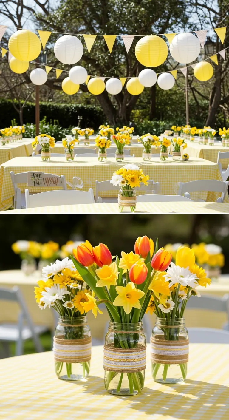 Tables de réception jaunes et blanches en extérieur, lampions, jonquilles et tulipes en bocaux.