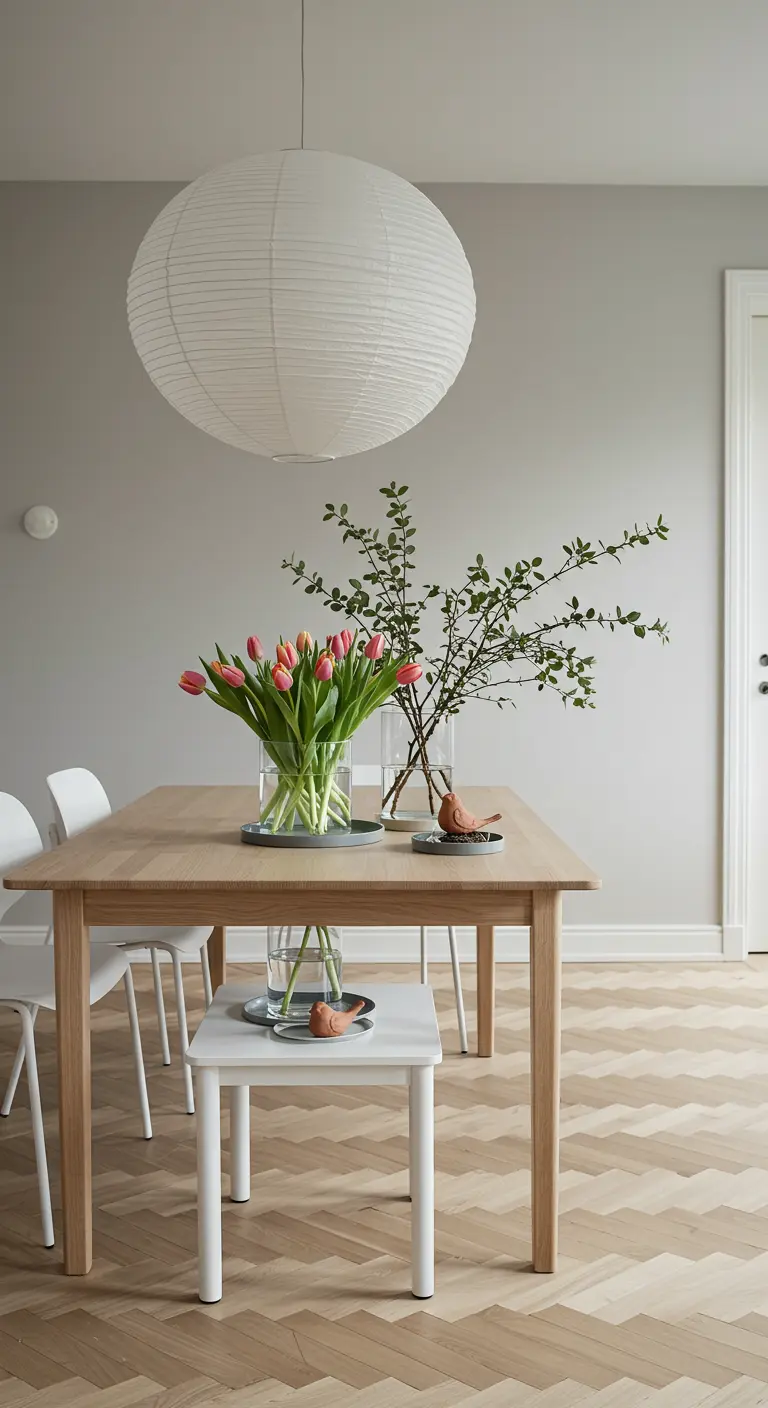 Table à manger en bois clair avec un centre de table minimaliste de tulipes roses et de branches vertes.