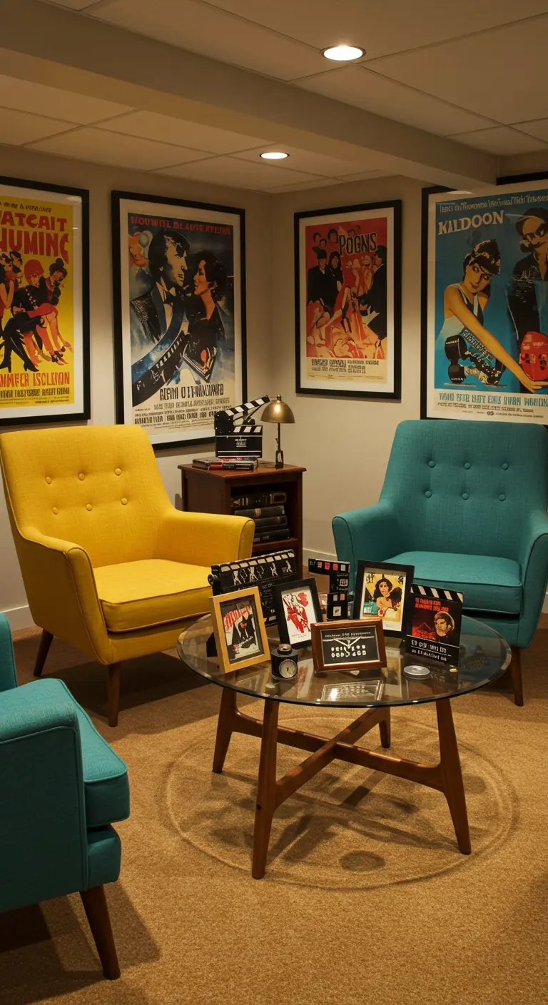 Salon rétro avec fauteuils jaunes et bleus, affiches de films vintage et table basse en verre.