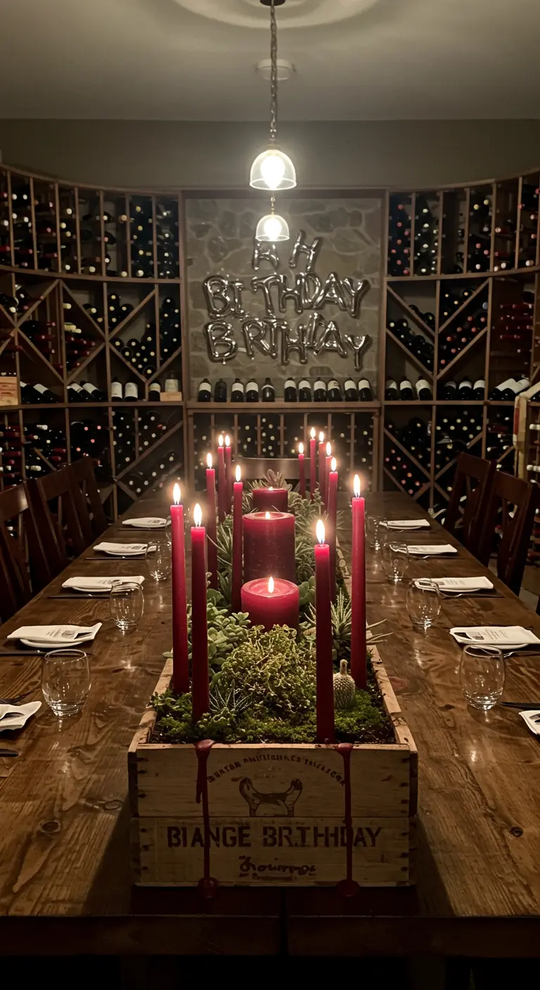 Centre de table dans une caisse en bois avec des succulentes et de nombreuses bougies rouges.