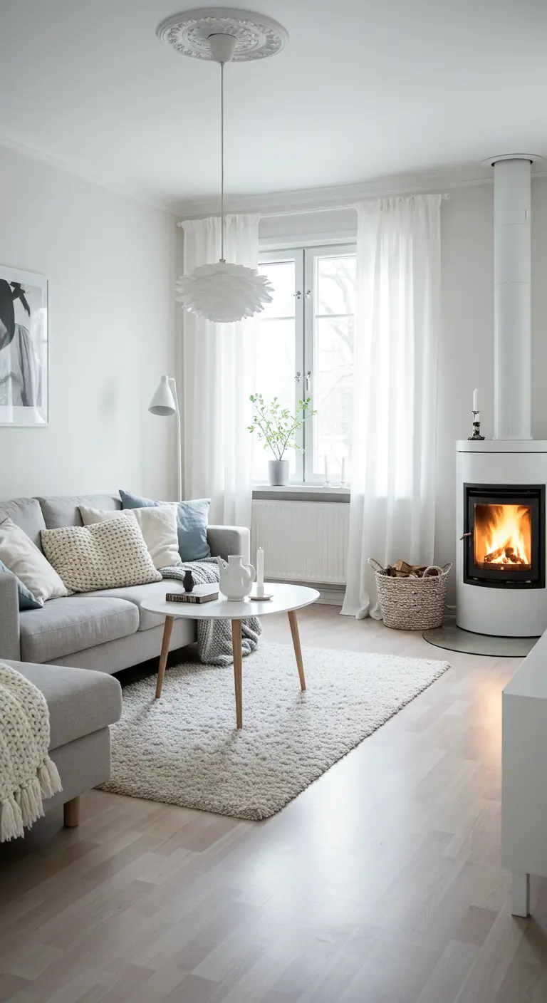 Salon scandinave blanc avec tapis moelleux, poêle à bois blanc et touches de gris et bleu clair.