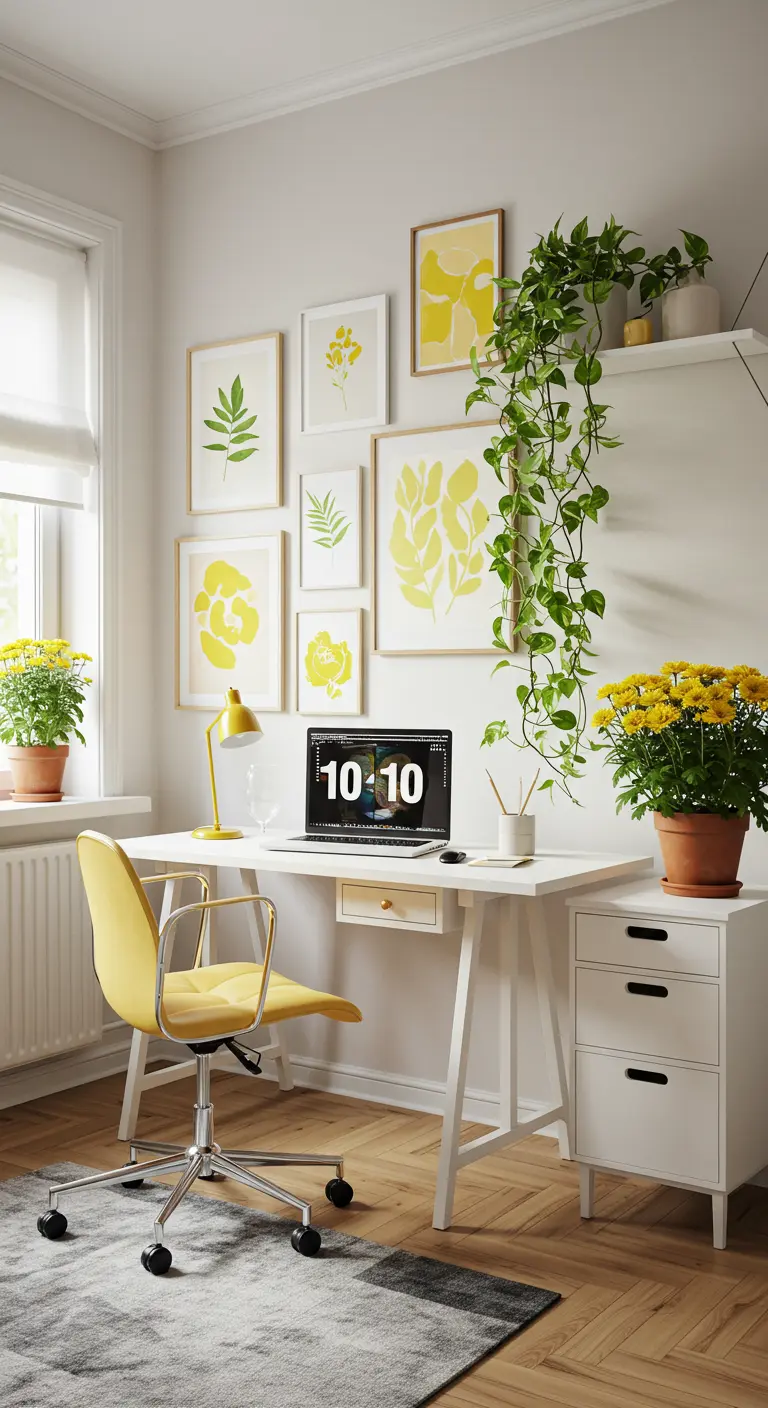Bureau blanc avec une chaise jaune, un mur de cadres botaniques jaunes et des plantes vertes.