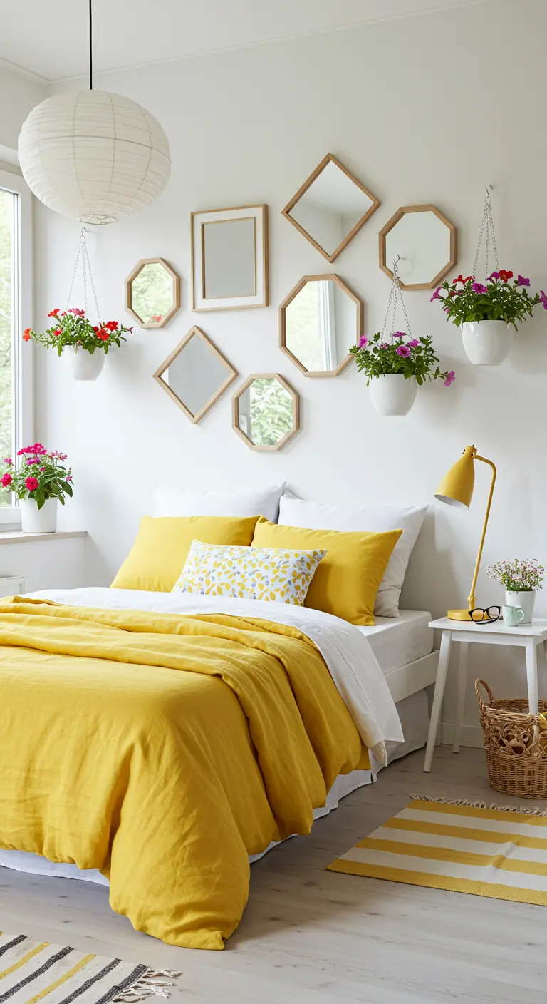 Chambre jaune lumineuse avec lit blanc, miroirs géométriques et pots blancs suspendus avec des fleurs colorées.