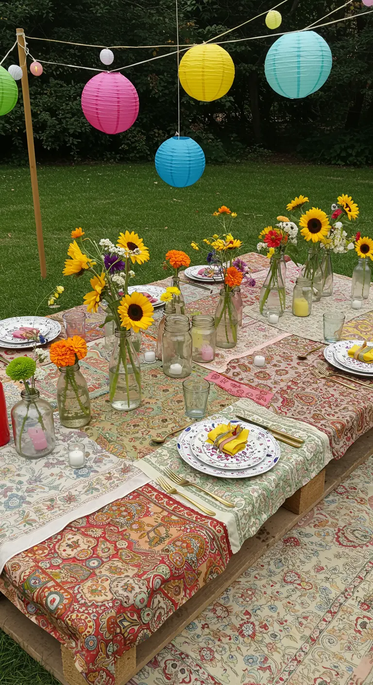 Table palette sur tapis coloré, lanternes en papier, tournesols en vases, bougies.