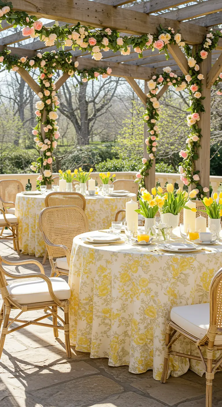 Pergola décorée de roses jaunes et blanches, tables rondes avec nappes fleuries jaunes, chaises en rotin.