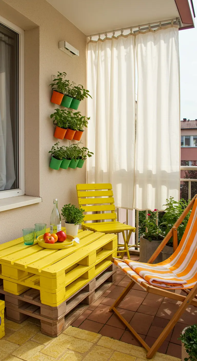 Balcon ensoleillé avec table en palettes jaunes, plantes aromatiques murales.