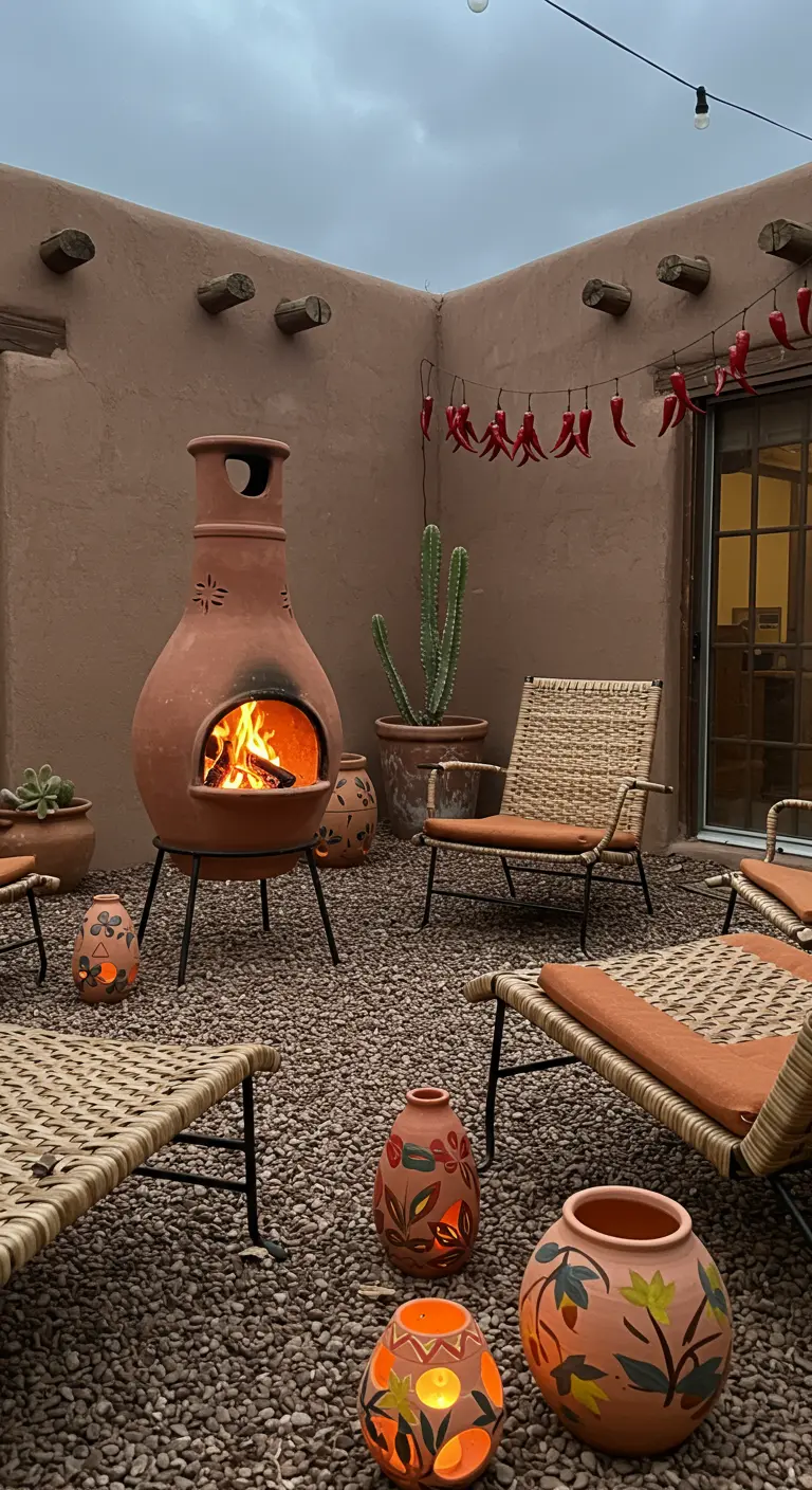 Patio style adobe avec chiminea, chaises tissées, gravier et décorations en terre cuite.