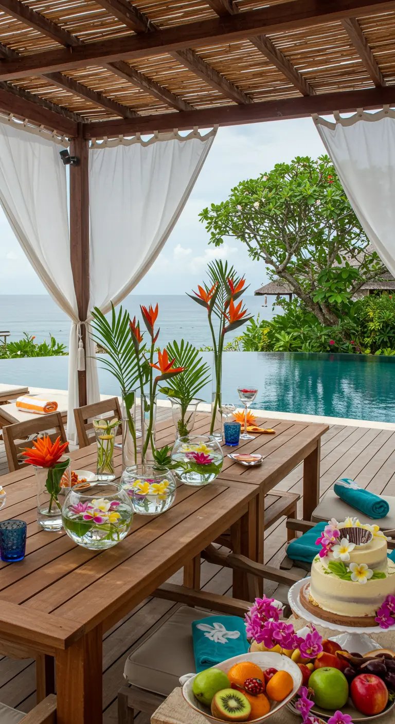 Centre de table tropical avec oiseaux de paradis et fleurs flottantes, au bord d'une piscine avec vue sur la mer.