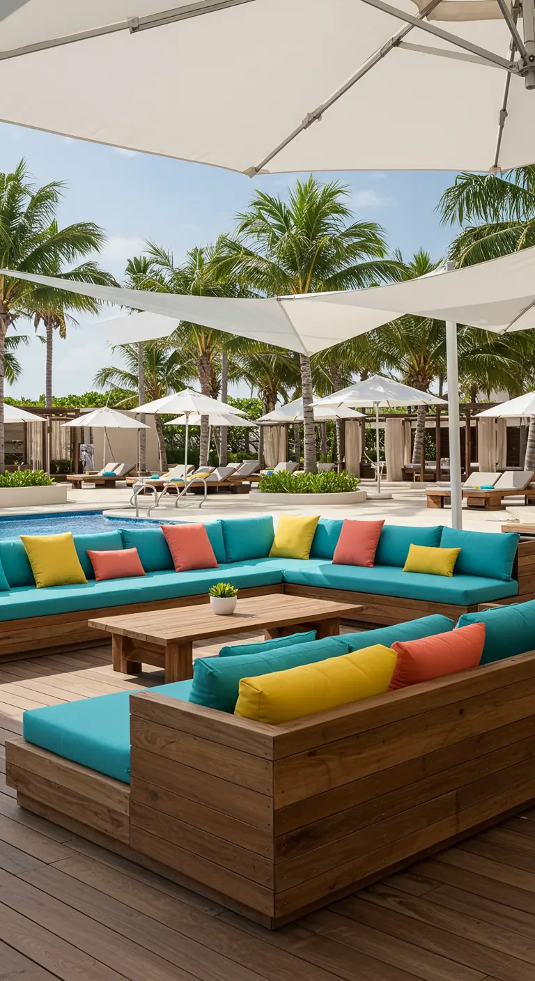 Salons de jardin en bois avec coussins turquoise et colorés près d'une piscine tropicale.