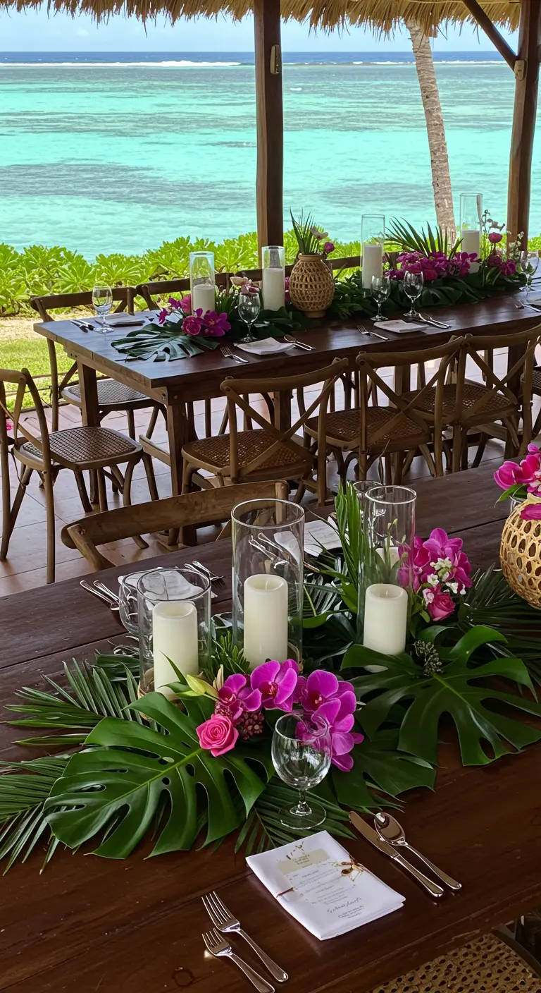 Centre de table tropical avec des feuilles de Monstera, des orchidées fuchsia et des bougies