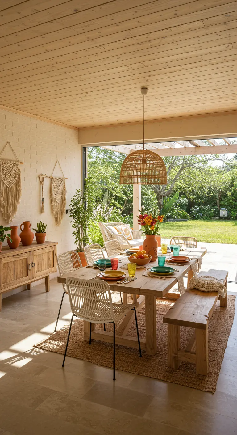 Grande table en bois avec vaisselle colorée, sets de table en jute et décorations naturelles.