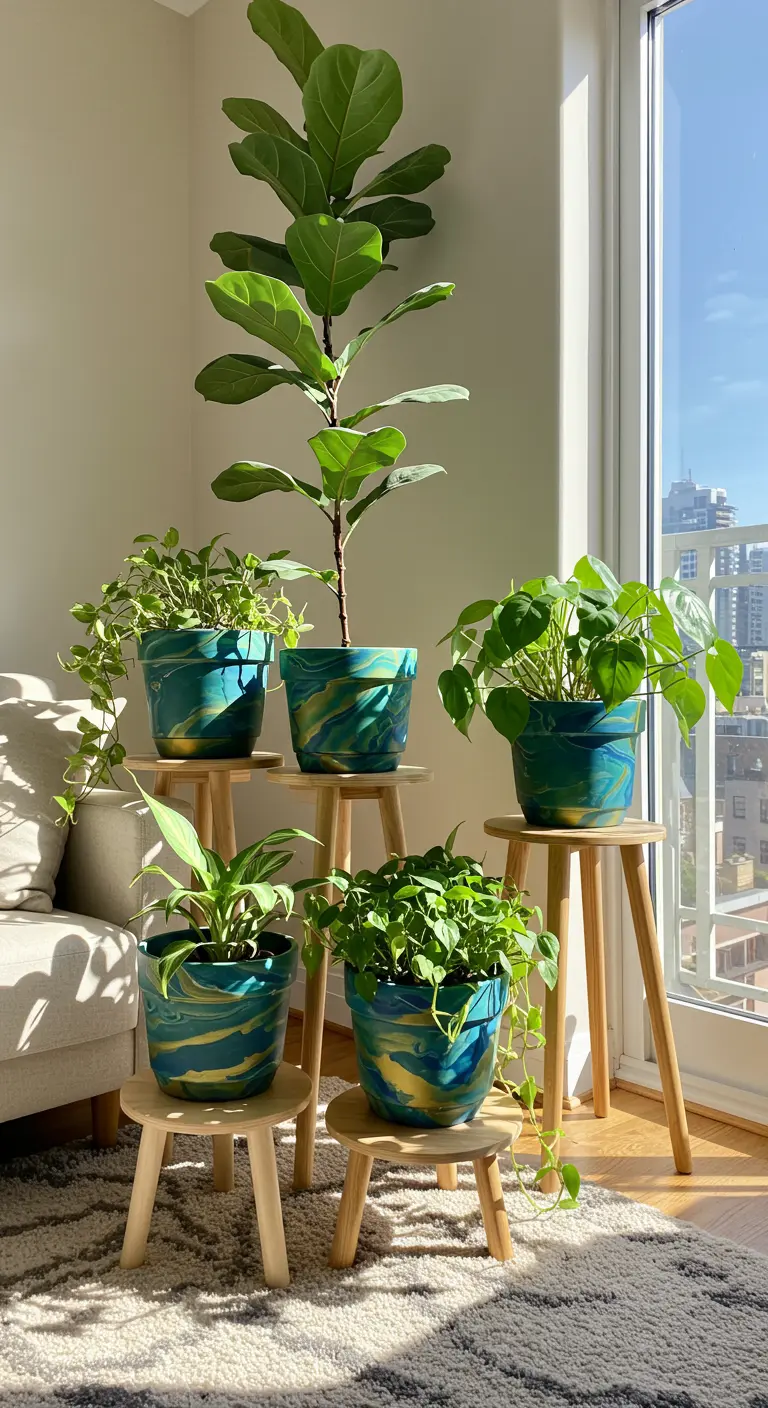 Pots marbrés bleu sarcelle et or avec des plantes vertes luxuriantes, créant une ambiance tropicale.