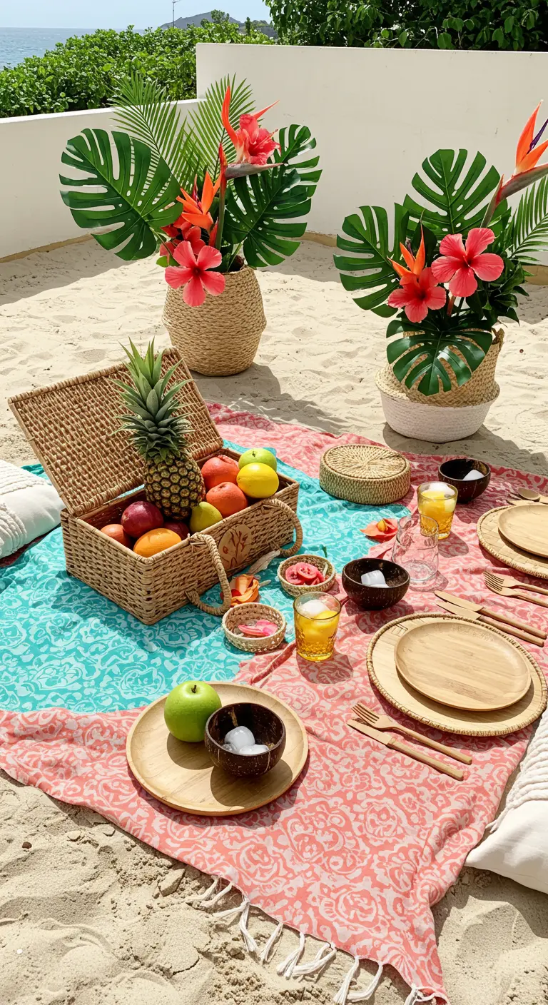 Pique-nique tropical sur la plage avec nappe colorée, feuilles de monstera, fruits exotiques et vaisselle en bois.