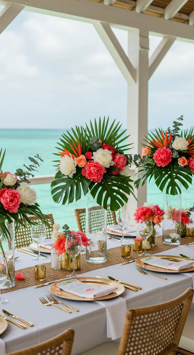 Table de mariage tropicale avec feuilles de Monstera, pivoines corail et vaisselle dorée, vue sur la mer.