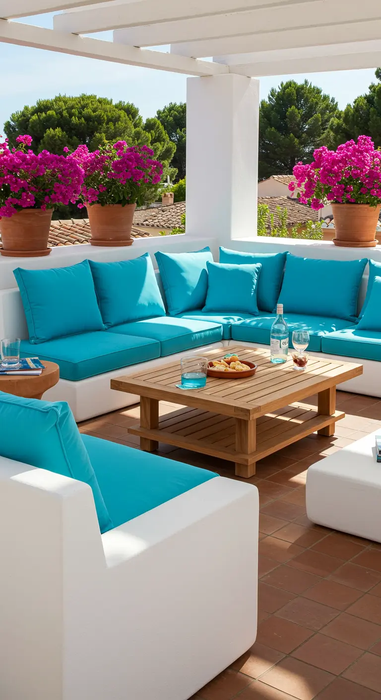 Salon modulable blanc avec des coussins turquoise vif sur une terrasse ensoleillée.