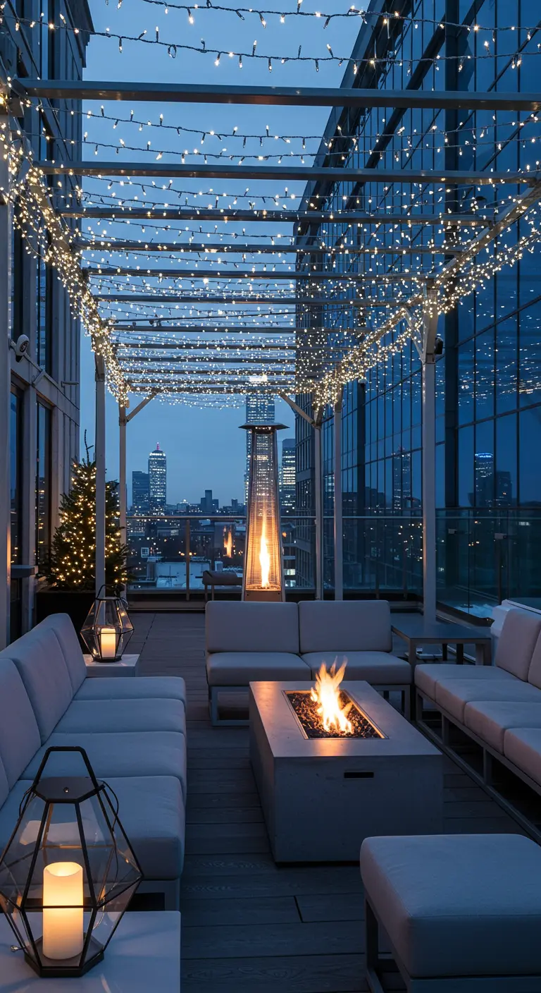 Terrasse de toit moderne avec pergola illuminée de guirlandes, brasero et mobilier de salon.