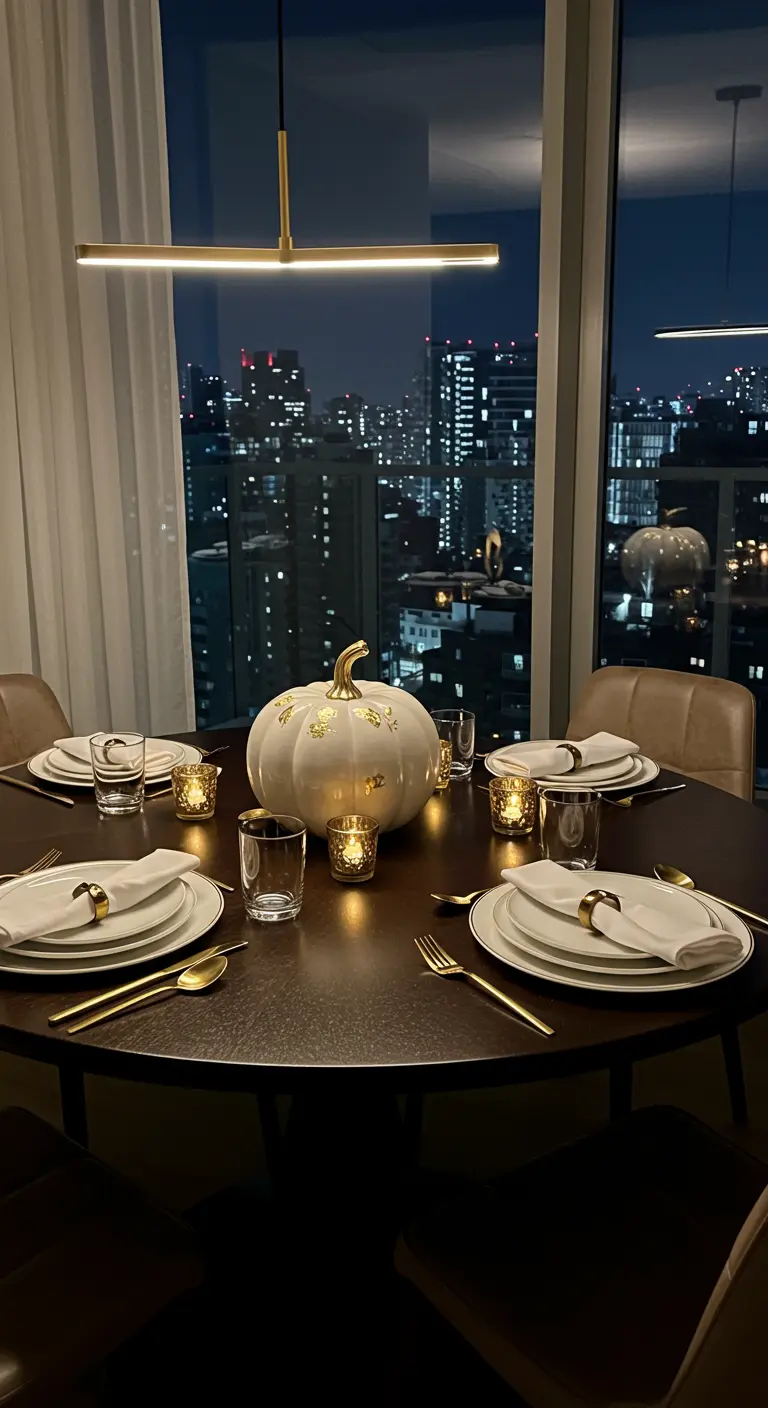 Table ronde avec grande citrouille blanche décorée or, votives, devant un panorama urbain nocturne.