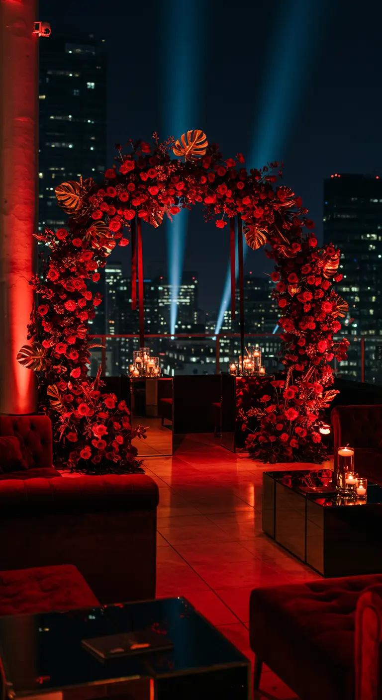 Arche florale rouge et or sur un rooftop urbain avec vue nocturne et éclairage de scène.