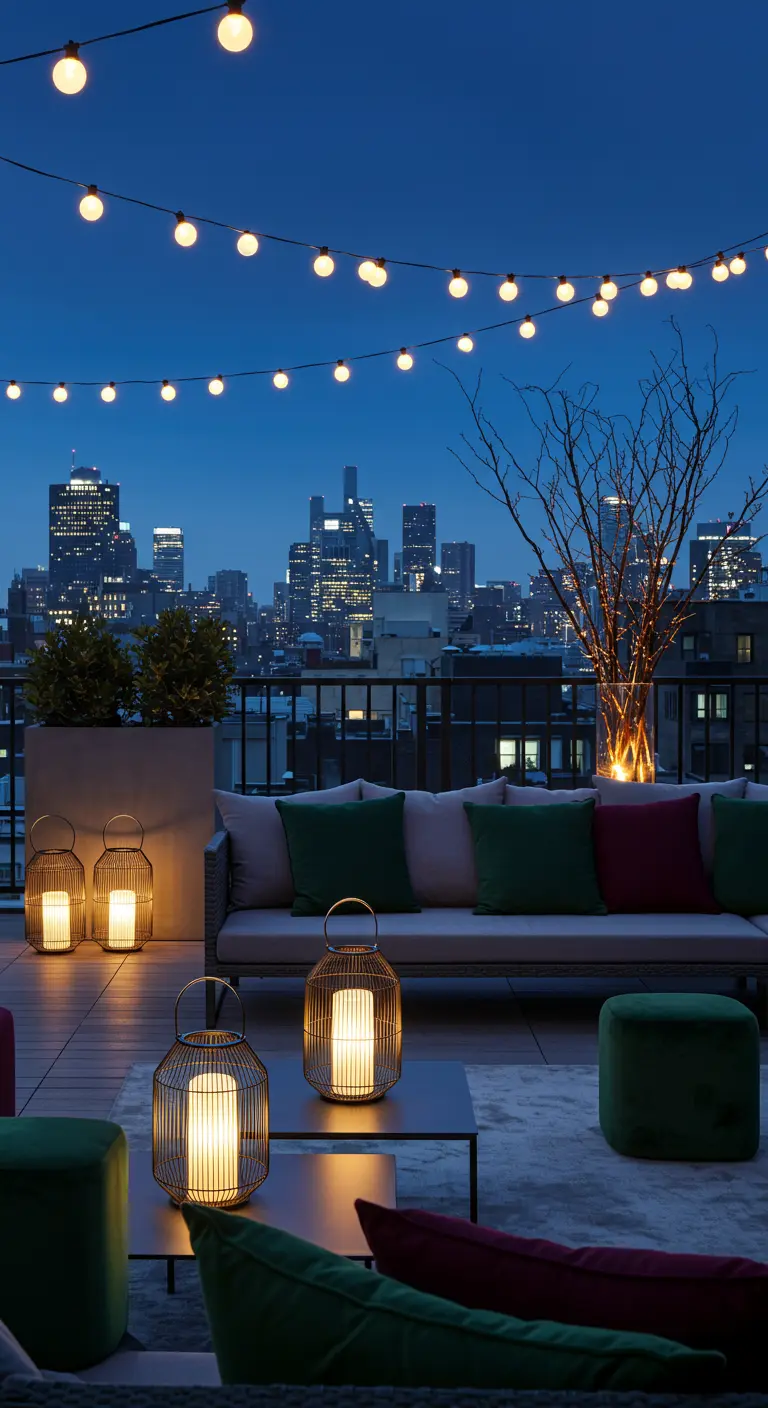 Toit-terrasse moderne avec salon de jardin, guirlandes lumineuses, lanternes et vue sur la ville.