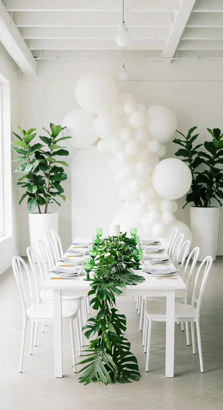 Salle blanche minimaliste avec arche de ballons blancs et chemin de table végétal.