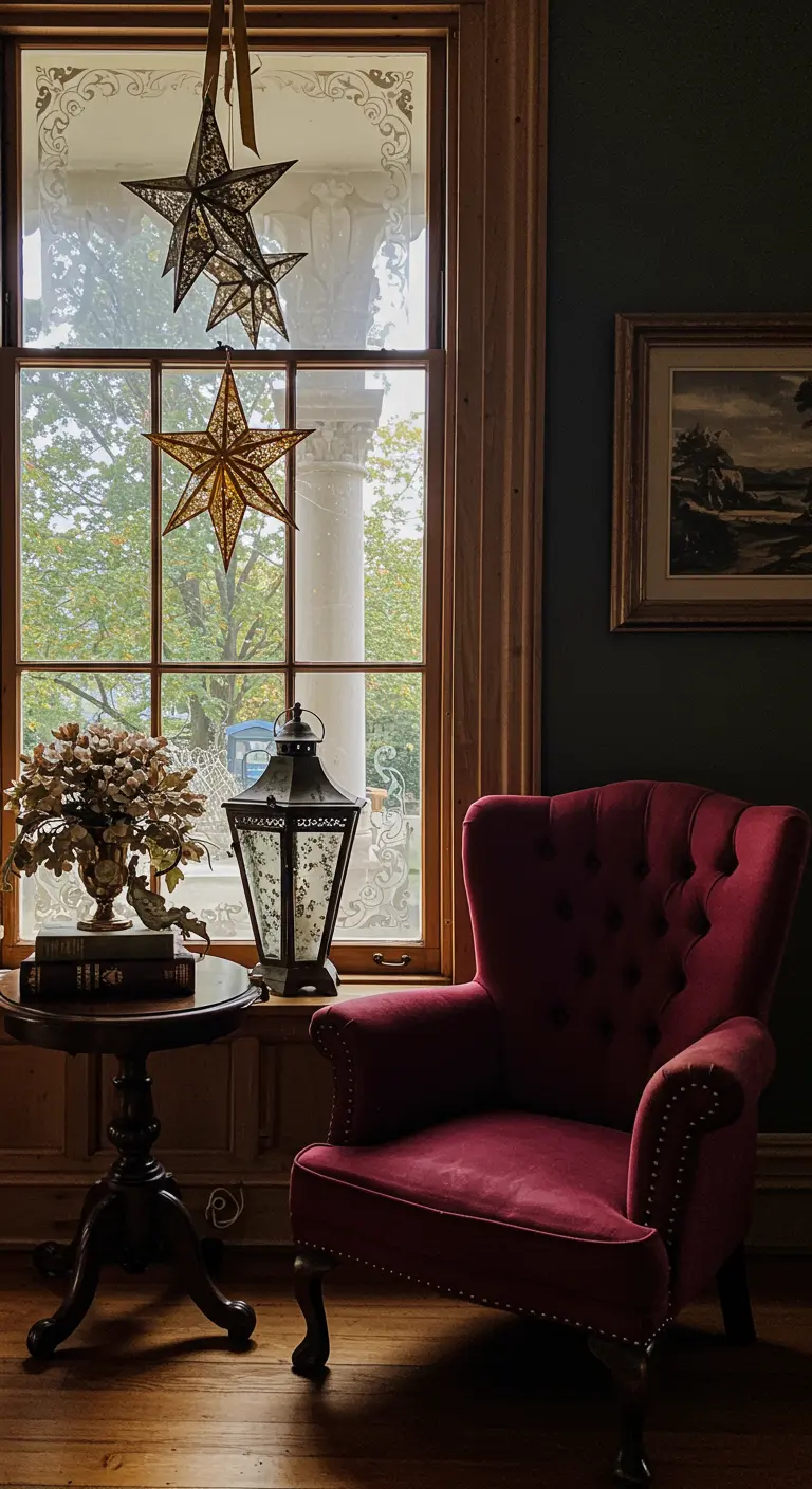 Étoiles décoratives suspendues à une fenêtre dans un salon de style victorien.