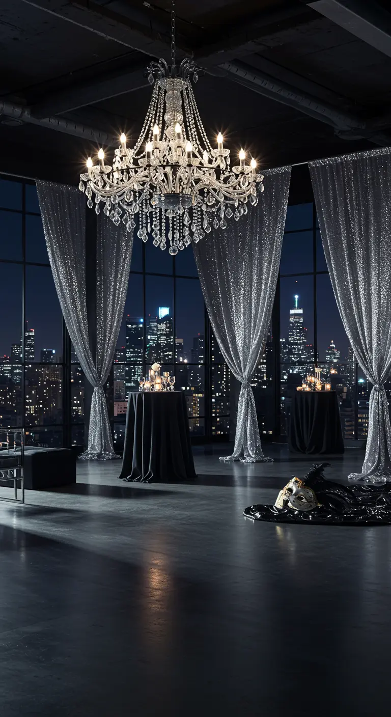 Loft moderne avec un lustre en cristal, des rideaux à paillettes et vue sur la ville.