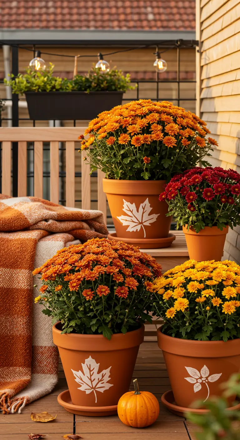 Chrysanthèmes d'automne dans des pots en terre cuite décorés de feuilles d'érable.
