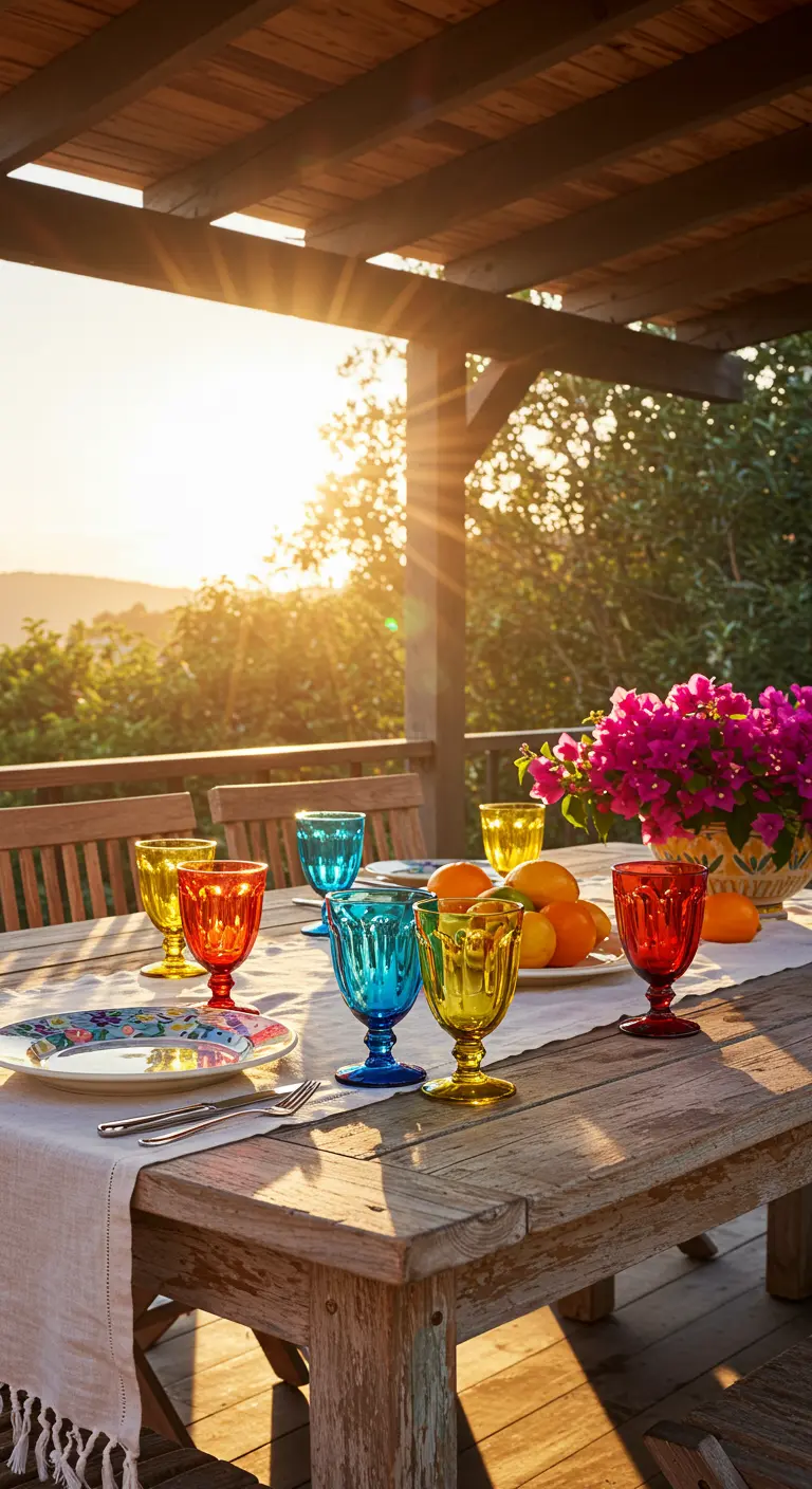 Table extérieure en bois avec des verres colorés baignés dans la lumière du soleil couchant.