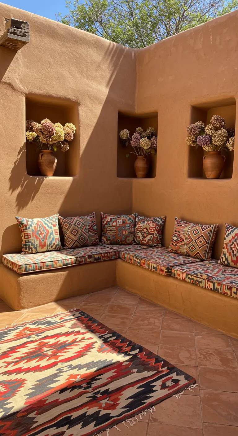 Patio de style méditerranéen avec des niches murales abritant des vases d'hortensias.