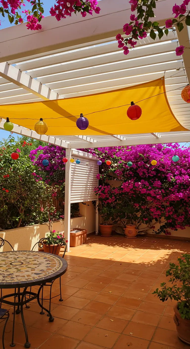 Terrasse ensoleillée avec pergola blanche, voile jaune et lampions colorés parmi les bougainvilliers.