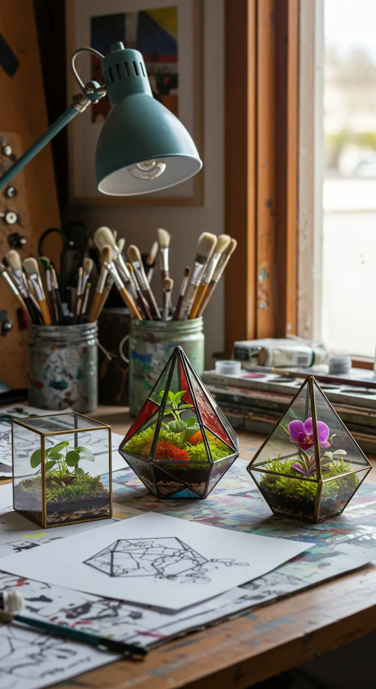 Terrariums géométriques colorés avec mousse et petites plantes sur un bureau d'artiste désordonné.